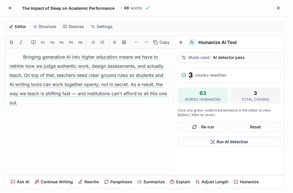 StudyPro AI humanizer showing robotic phrasing rewritten as natural academic writing beside the original text