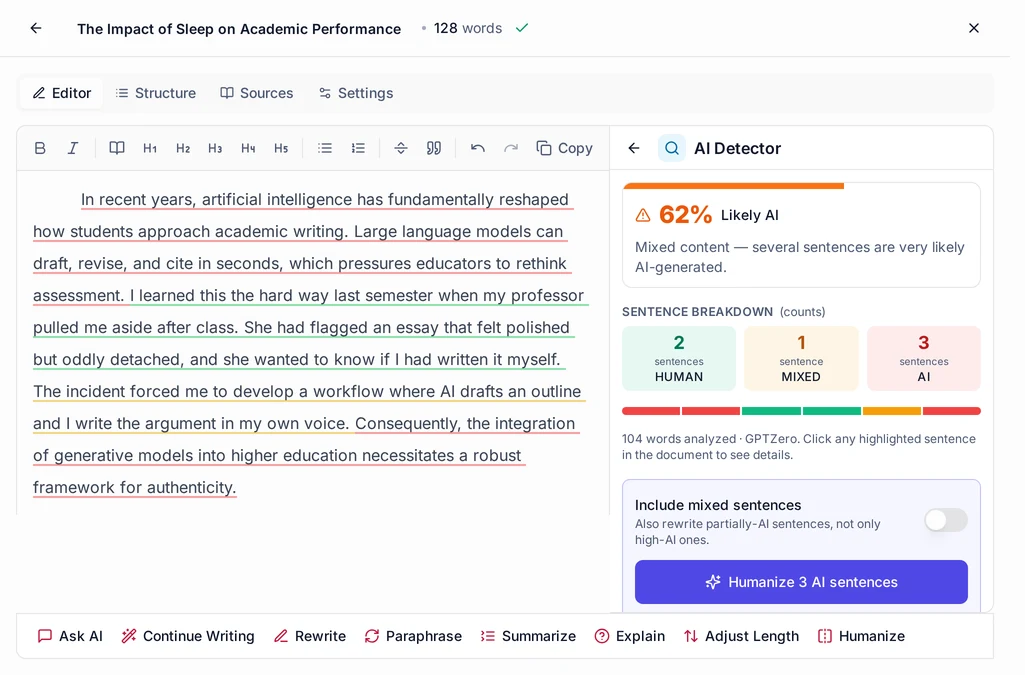AI detection results with paragraph-level likelihood scores