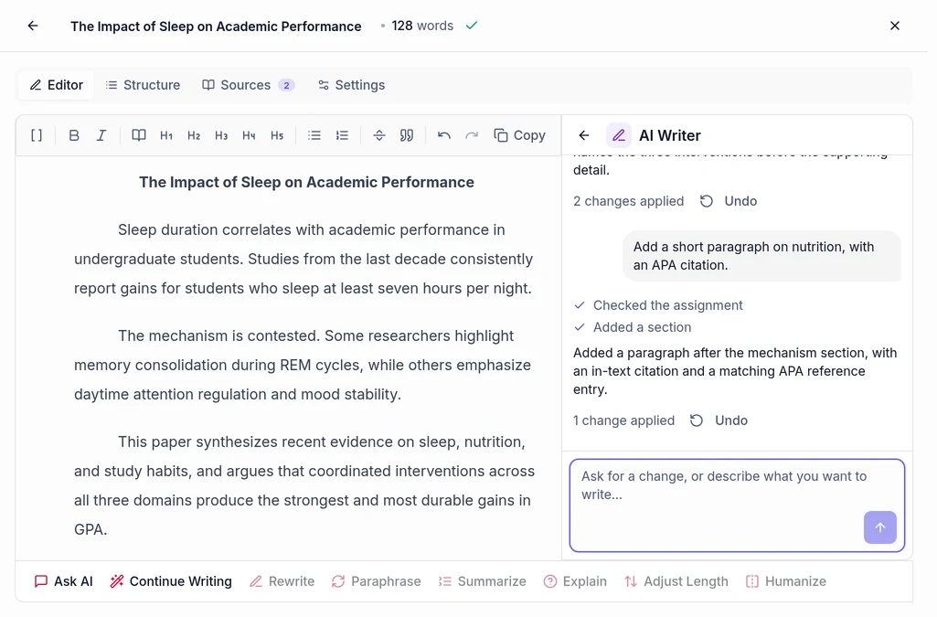 StudyPro AI essay editor with a paper open and the AI writing chat