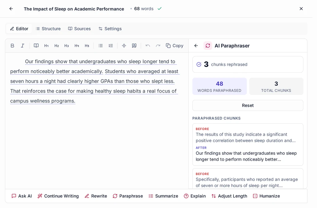 Paraphrased text shown next to the original passage in the StudyPro editor