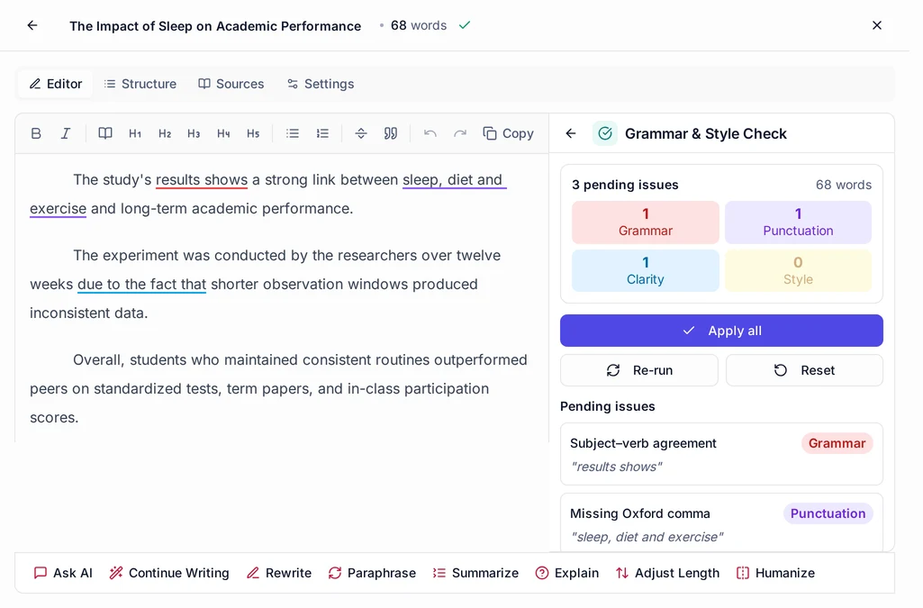 Grammar and style issues highlighted automatically